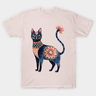 Blue Cat with flower pattern T-Shirt